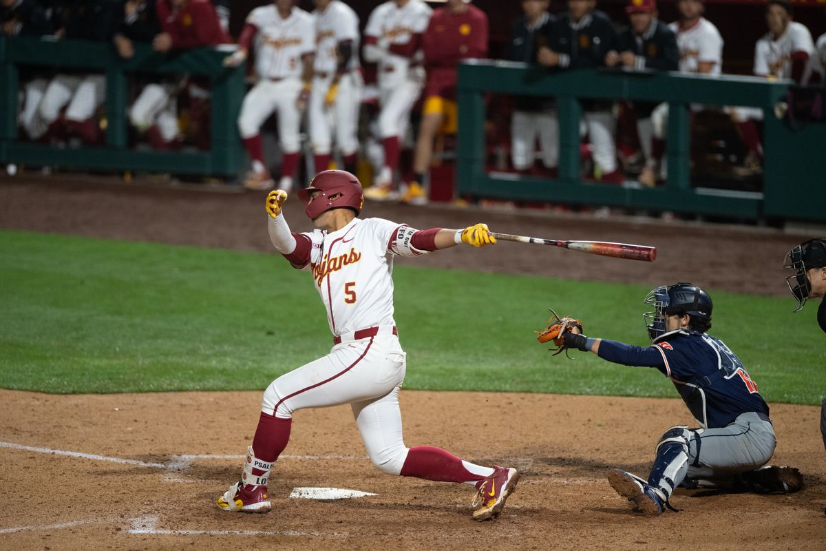 USC Trojan infielder Adrian Lopez (5) swings and misses the ball during an NCAA Men's baseball game between the USC Trojans and Pepperdine Wave Friday February 13,2026 at Dedeaux Field in Los Angeles Calif USC Trojan infielder Adrian Lopez (5) swings and misses the ball during an NCAA Men's baseball game between the USC Trojans and Pepperdine Wave Friday February 13,2026 at Dedeaux Field in Los Angeles Calif