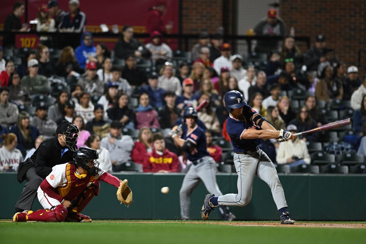 Pepperdine Wave outfielder Trey Dunn (5) swings a strike during an NCAA Men's baseball game between the USC Trojans and Pepperdine Wave Friday February 13,2026 at Dedeaux Field in Los Angeles Calif Pepperdine Wave outfielder Trey Dunn (5) swings a strike during an NCAA Men's baseball game between the USC Trojans and Pepperdine Wave Friday February 13,2026 at Dedeaux Field in Los Angeles Calif