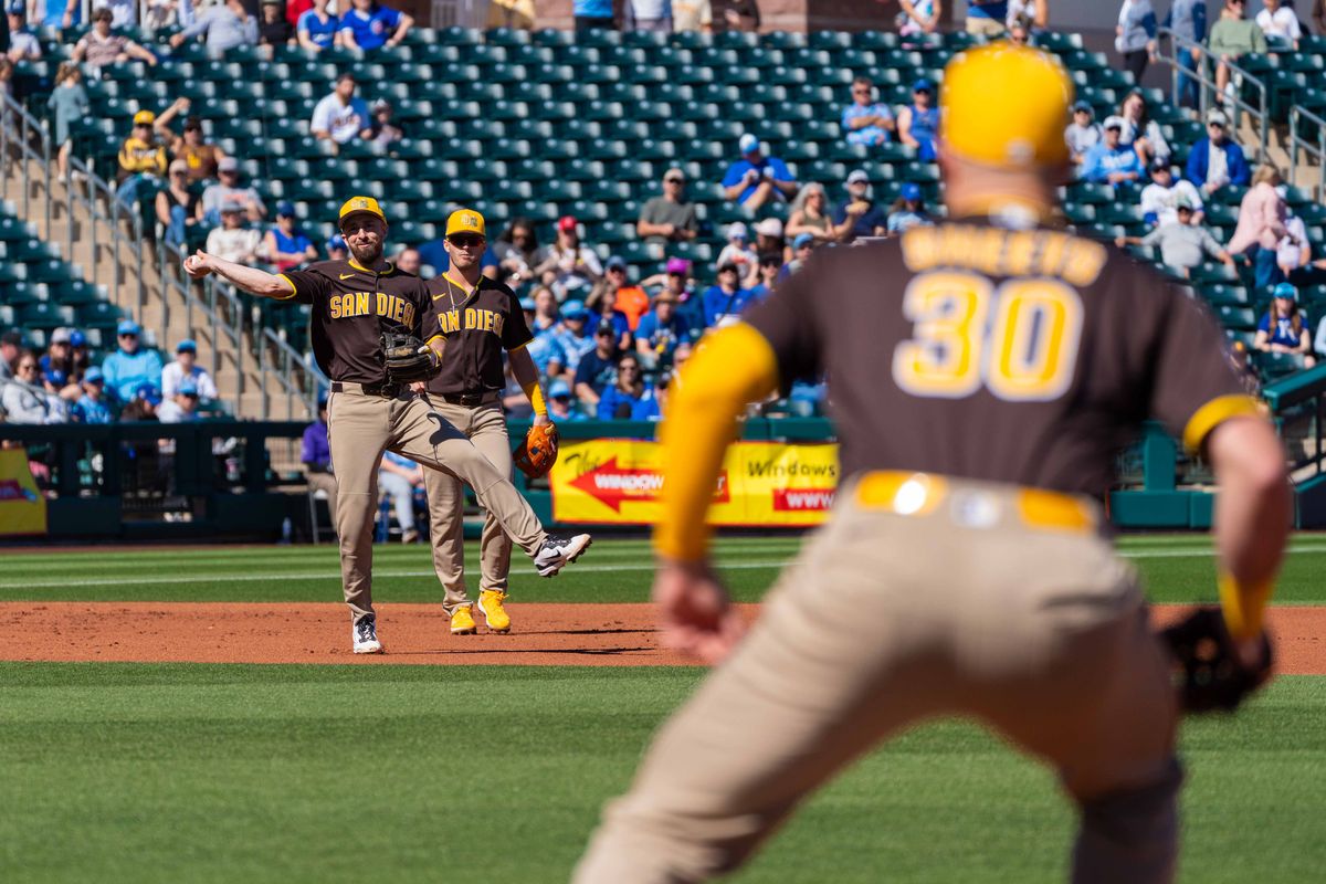 San Diego Padres infielder Mason McCoy (18) throws to first during an MLB Spring Training game between the San Diego Padres and the Kansas City Royals, Saturday February 21, 2026 at Surprise Stadium in Surprise, AZ. San Diego Padres infielder Mason McCoy (18) throws to first during an MLB Spring Training game between the San Diego Padres and the Kansas City Royals, Saturday February 21, 2026 at Surprise Stadium in Surprise, AZ.