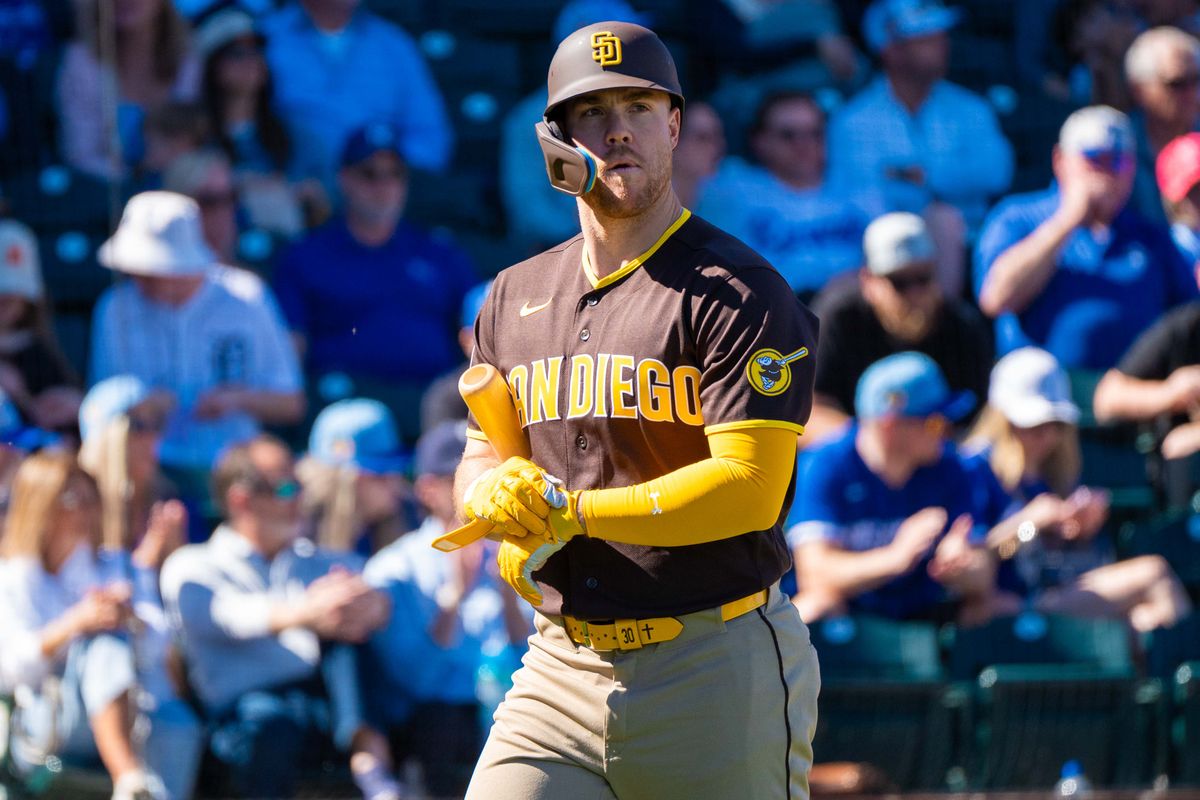 San Diego Padres outfielder Gavin Sheets (30) walks back to the dugout during an MLB Spring Training game between the San Diego Padres and the Kansas City Royals, Saturday February 21, 2026 at Surprise Stadium in Surprise, AZ. San Diego Padres outfielder Gavin Sheets (30) walks back to the dugout during an MLB Spring Training game between the San Diego Padres and the Kansas City Royals, Saturday February 21, 2026 at Surprise Stadium in Surprise, AZ.