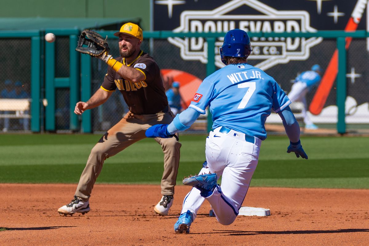 Kansas City Royals infielder Bobby Witt Jr. (7) is caught stealing during an MLB Spring Training game between the San Diego Padres and the Kansas City Royals, Saturday February 21, 2026 at Surprise Stadium in Surprise, AZ. Kansas City Royals infielder Bobby Witt Jr. (7) is caught stealing during an MLB Spring Training game between the San Diego Padres and the Kansas City Royals, Saturday February 21, 2026 at Surprise Stadium in Surprise, AZ.