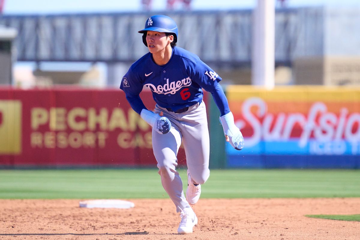 The Los Angeles Dodgers infielder Hyeseong Kim (6) runs for third against the Los Angeles Angels, February 21st, 2026 in Tempe Arizona.
