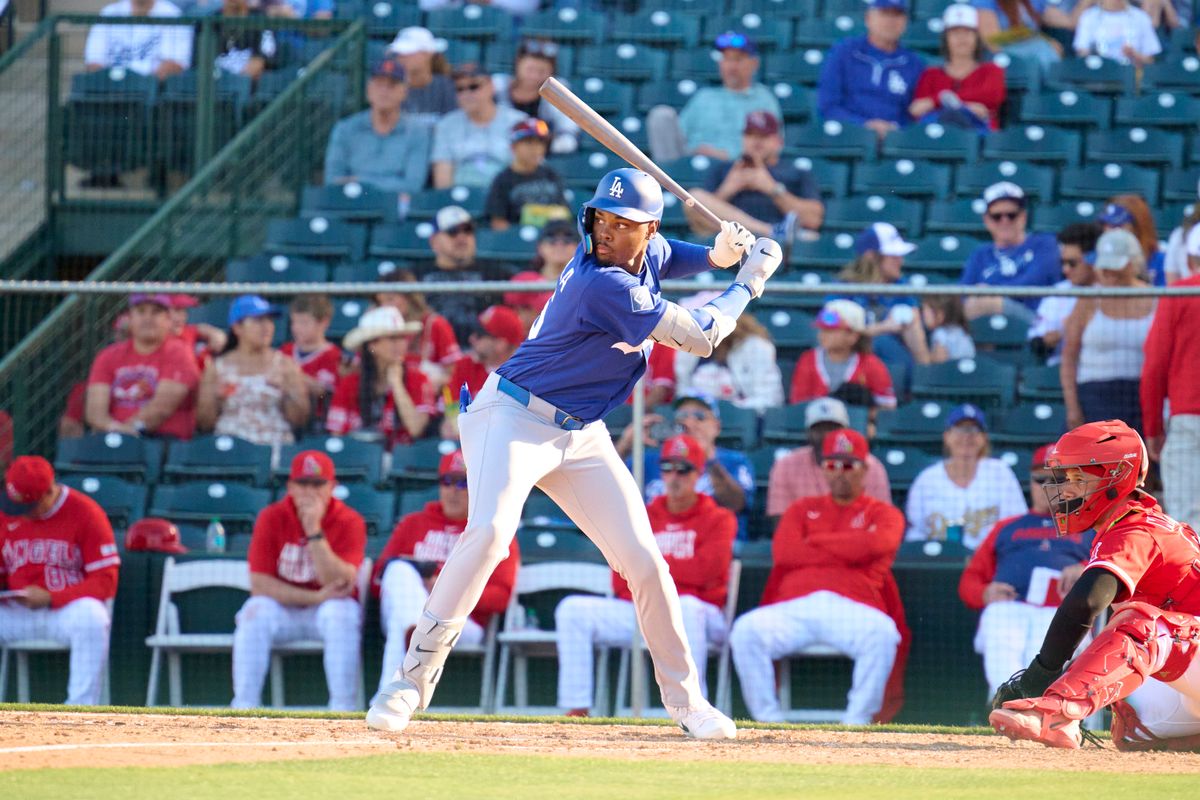 The Los Angeles Dodgers outfielder Josue DePaula (95) at bat against the Los Angeles Angels, February 21st, 2026 in Tempe Arizona.