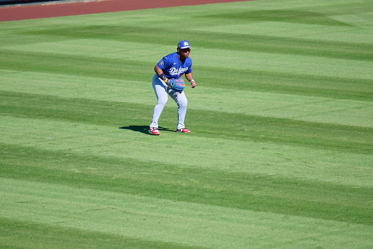 The Los Angeles Dodgers outfielder Kendall George (0) on the field against the Los Angeles Angels, February 21st, 2026 in Tempe Arizona.