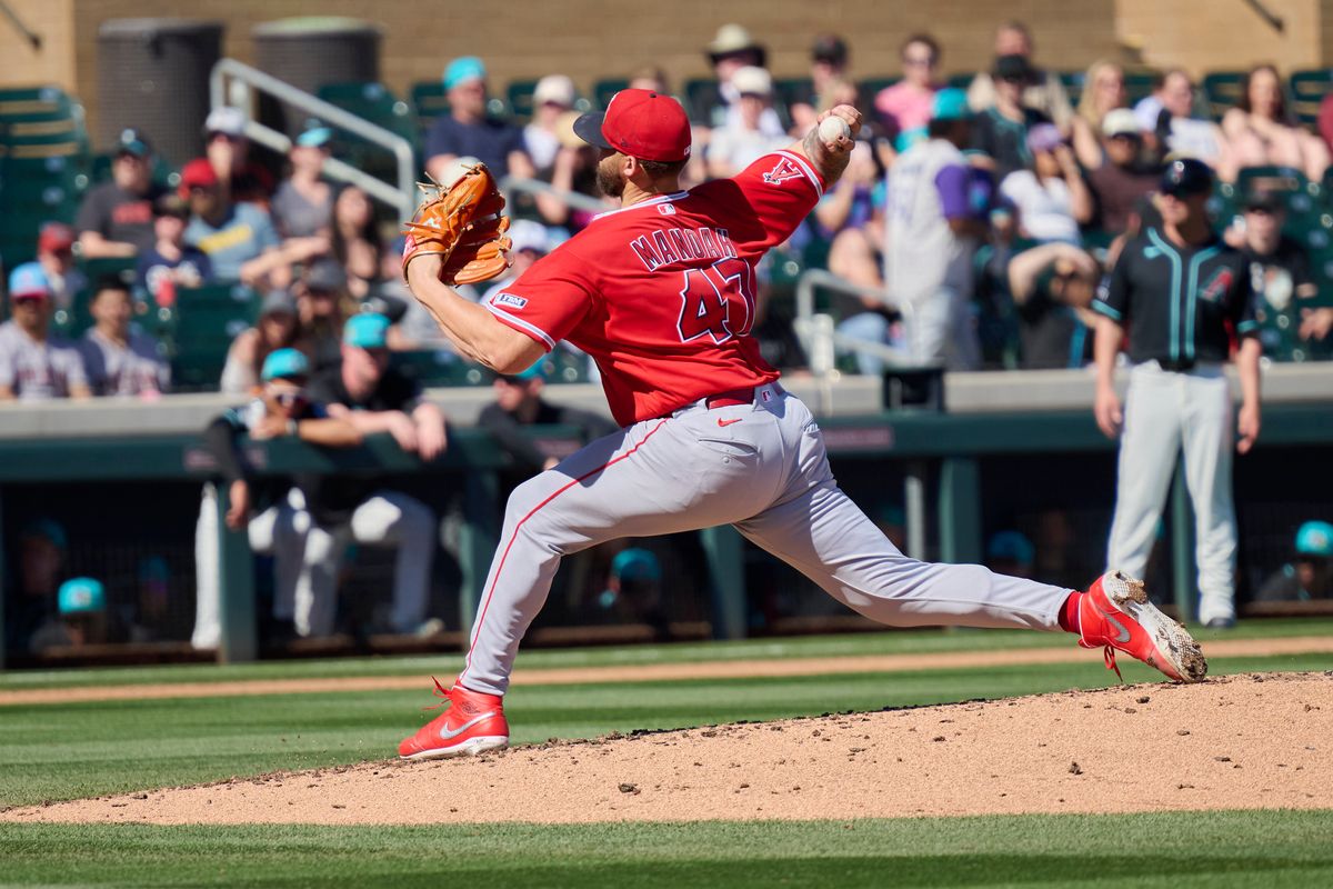 The Los Angeles Angels pitcher Alek Manoah (47) pitches the ball against The Arizona Diamondbacks ,February 22nd, 2026 in Scottsdale Arizona. The Los Angeles Angels pitcher Alek Manoah (47) pitches the ball against The Arizona Diamondbacks ,February 22nd, 2026 in Scottsdale Arizona.