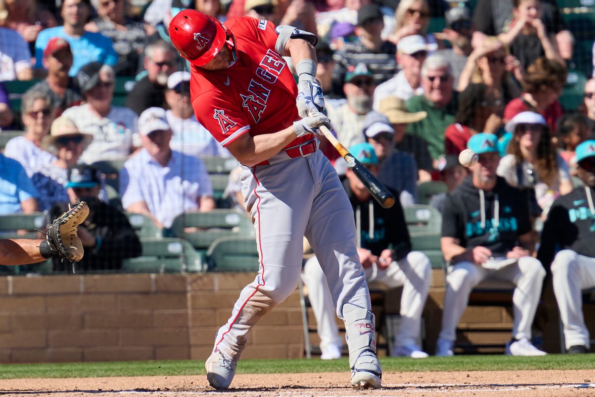 The Los Angeles Angels center fielder Mike Trout (27) hits a single against The Arizona Diamondbacks ,February 22nd, 2026 in Scottsdale Arizona. The Los Angeles Angels center fielder Mike Trout (27) hits a single against The Arizona Diamondbacks ,February 22nd, 2026 in Scottsdale Arizona.