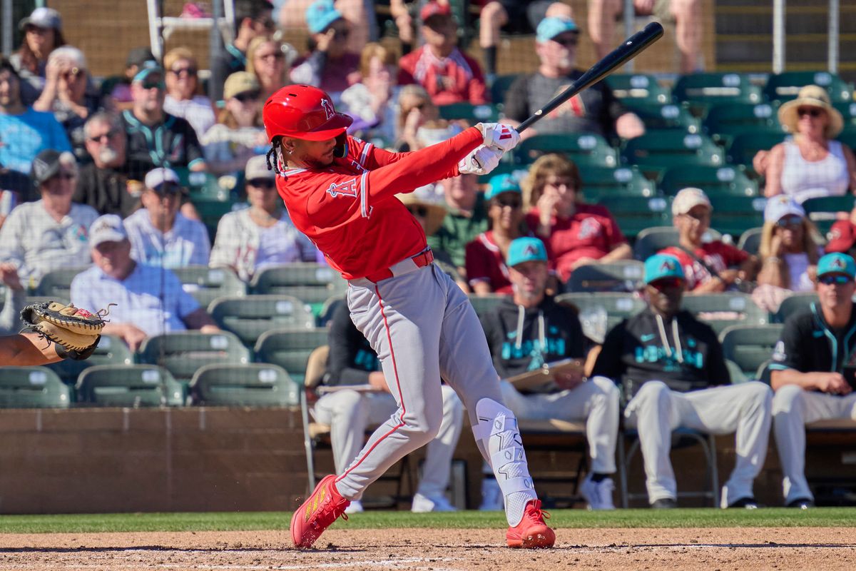The Los Angeles Angels right fielder Jose Siri (28) hits a double against The Arizona Diamondbacks ,February 22nd, 2026 in Scottsdale Arizona. The Los Angeles Angels right fielder Jose Siri (28) hits a double against The Arizona Diamondbacks ,February 22nd, 2026 in Scottsdale Arizona.