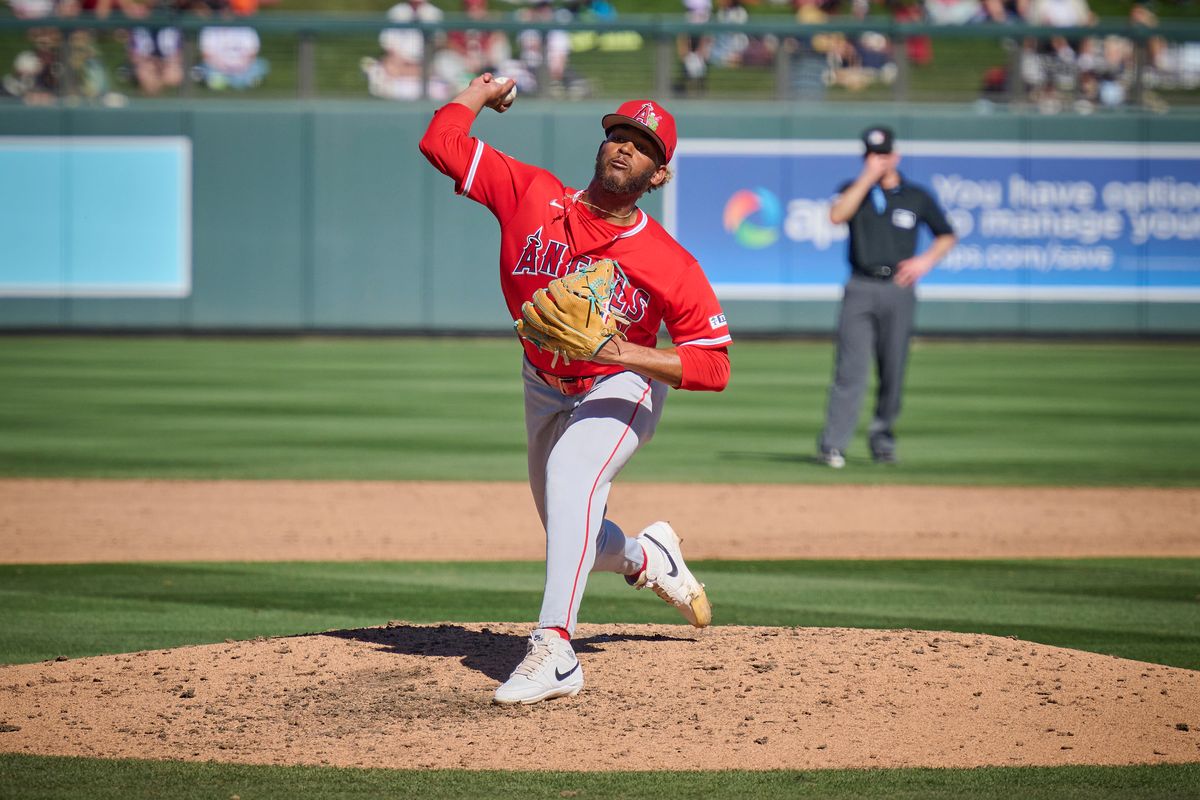 The Los Angeles Angels pitcher Walbert Ureña (57) pitches the ball against The Arizona Diamondbacks ,February 22nd, 2026 in Scottsdale Arizona. The Los Angeles Angels pitcher Walbert Ureña (57) pitches the ball against The Arizona Diamondbacks ,February 22nd, 2026 in Scottsdale Arizona.