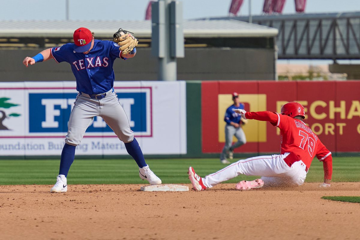 The Los Angeles Angels outfielder Raudi Rodriguez (79 slides into second against The Texas Rangers ,February 23rd, 2026 in Tempe  Arizona.