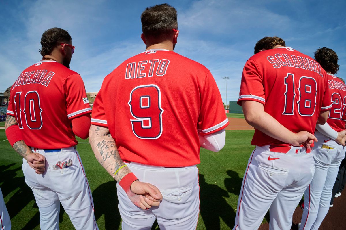 The Los Angeles Angels third Baseman Yoán Moncada (10) short stop Zach Neto (9) and first basemen Nolan Schanuel (18) are part of the starting line up against The Texas Rangers ,February 23rd, 2026 in Tempe  Arizona.