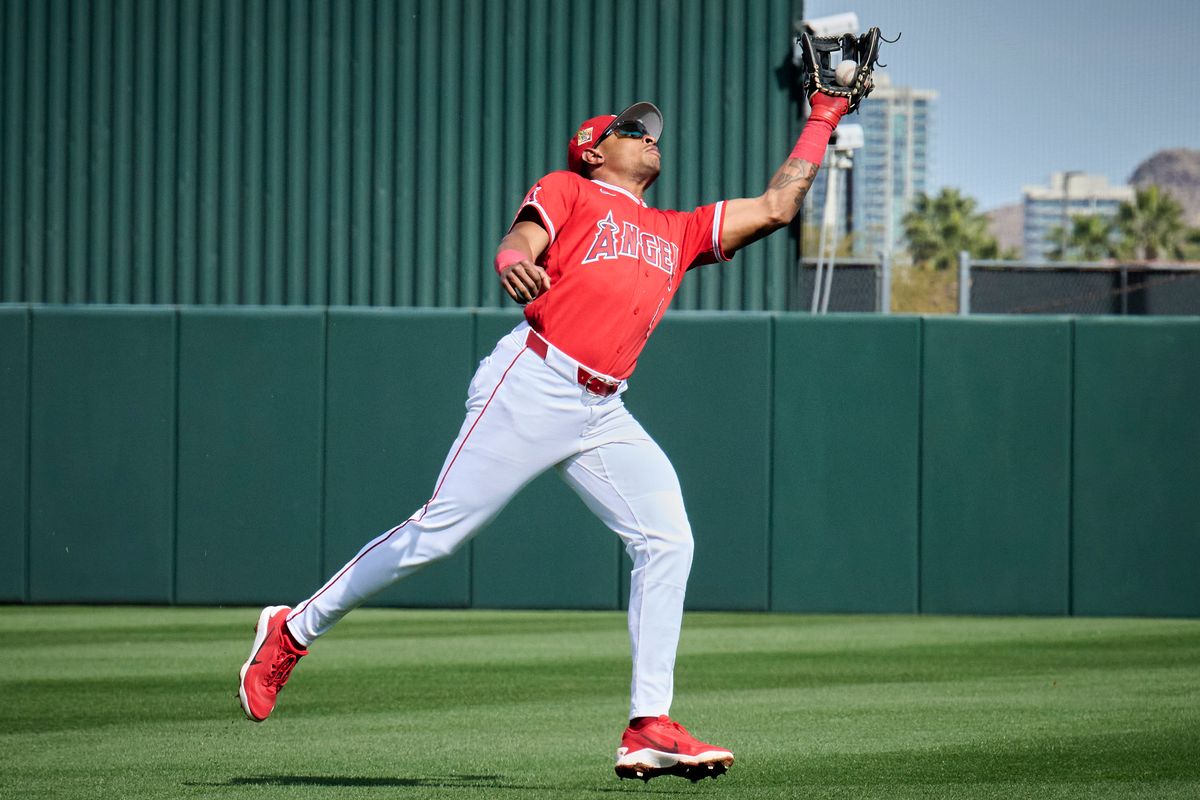The Los Angeles Angels second baseman Christian Moore (4) catches the ball against The Texas Rangers ,February 23rd, 2026 in Tempe  Arizona.