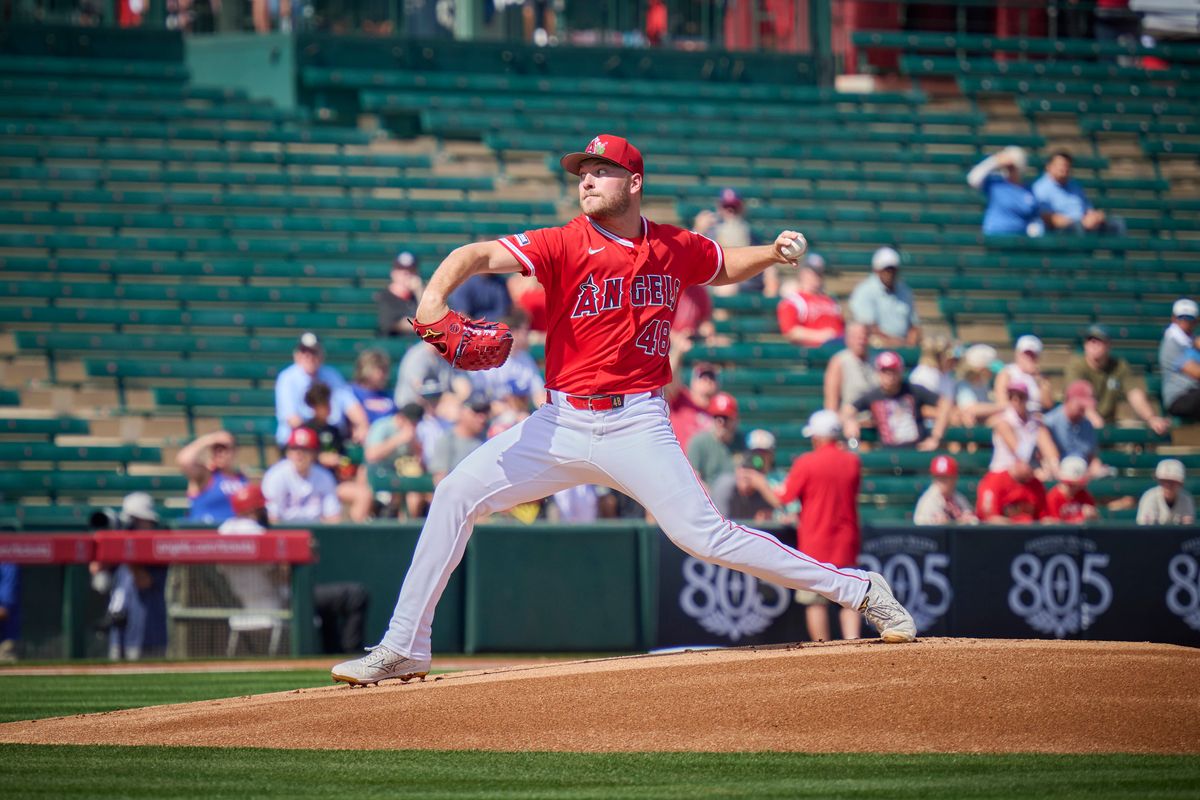 The Los Angeles Angels pitcher Reid Detmers (48) pitches against The Texas Rangers ,February 23rd, 2026 in Tempe  Arizona.