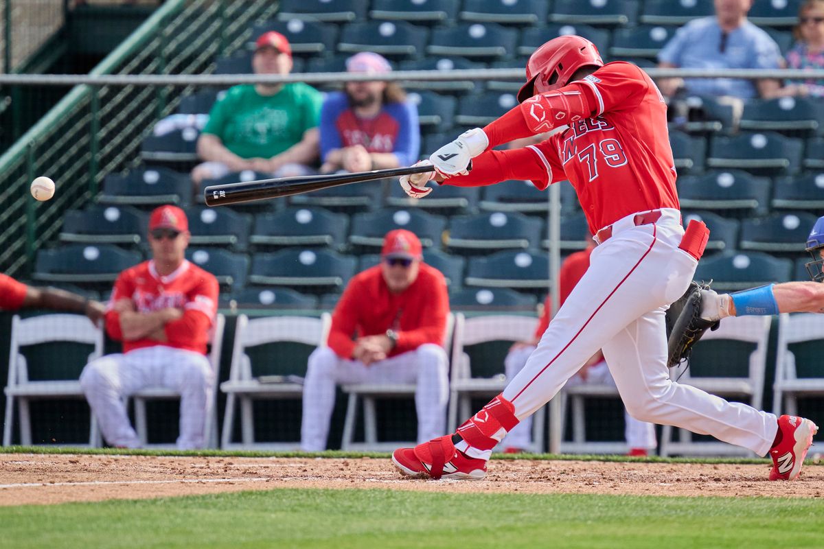 The Los Angeles Angels outfielder Raudi Rodriguez (79) bats against The Texas Rangers ,February 23rd, 2026 in Tempe  Arizona.