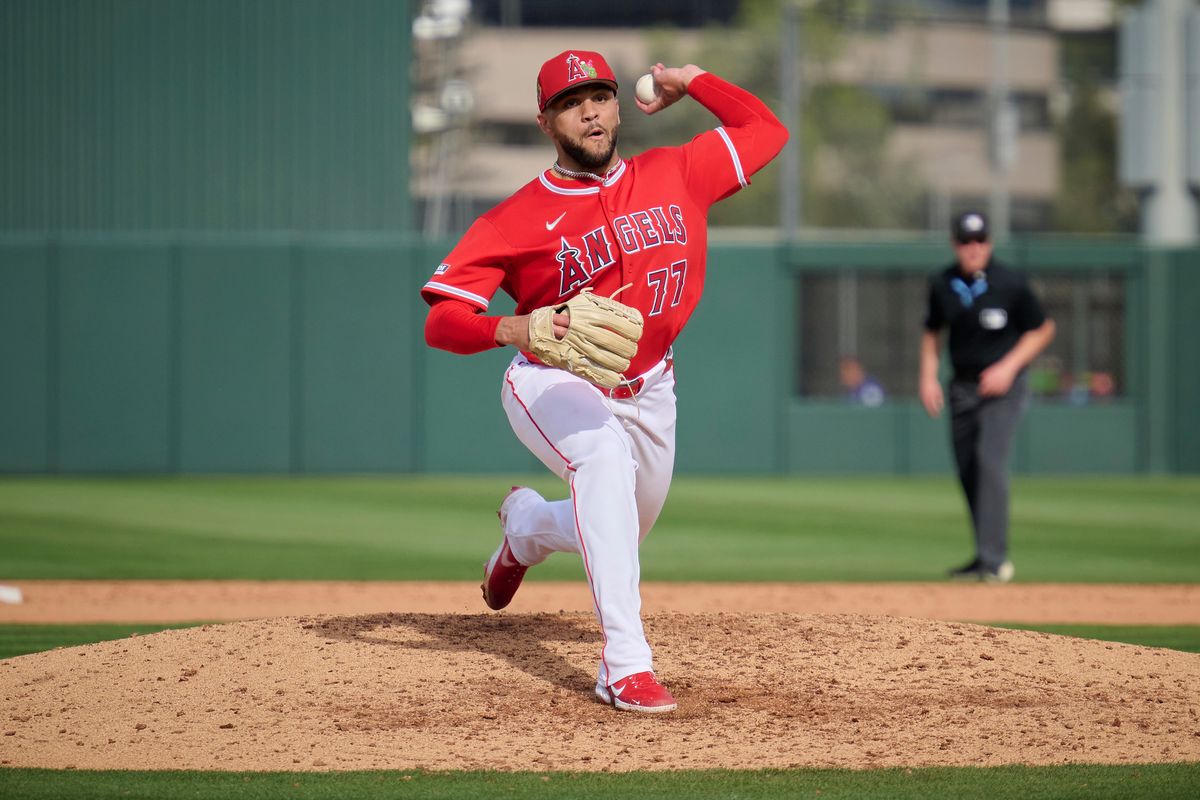 The Los Angeles Angels pitcher Jayvien Sandridge (77) pitches against The Texas Rangers ,February 23rd, 2026 in Tempe  Arizona.