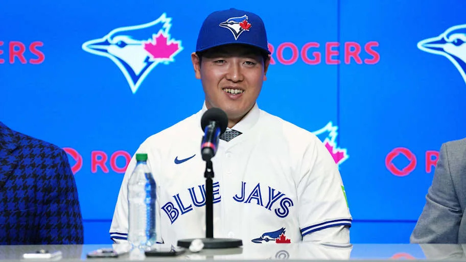 Toronto Blue Jays Kazuma Okamoto speaks to the media.