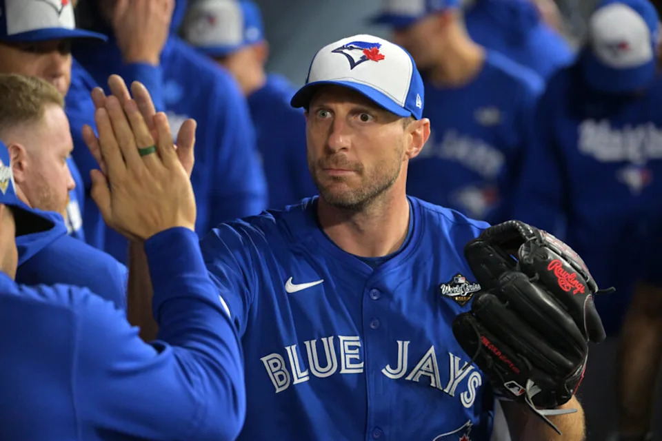 Oct 27, 2025; Los Angeles, California, USA; Toronto Blue Jays pitcher Max Scherzer (31) reacts in the dugout after being relieved in the fifth inning against the Los Angeles Dodgers during game three of the 2025 MLB World Series at Dodger Stadium. Mandatory Credit: Jayne Kamin-Oncea-Imagn Images