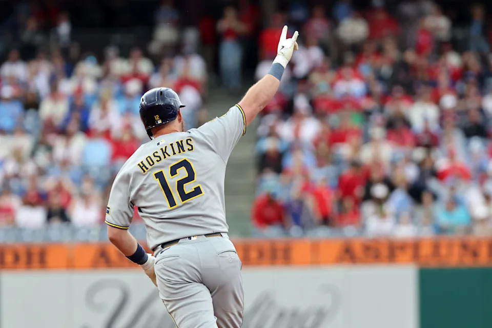 PHILADELPHIA, PENNSYLVANIA - MAY 31: Rhys Hoskins #12 of the Milwaukee Brewers rounds the bases after hitting a three-run home run in the first inning during a game against the Philadelphia Phillies at Citizens Bank Park on May 31, 2025 in Philadelphia, Pennsylvania. (Photo by Hunter Martin/Getty Images)