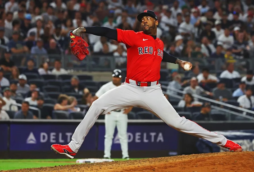 Aroldis Chapman of the Boston Red Sox closes out the ninth inning when the Boston Red Sox defeated the New York Yankees on August 22, 2025 at Yankee Stadium in the Bronx, NY. Robert Sabo for NY Post