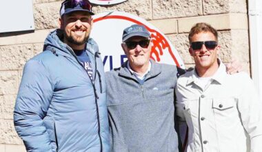 St. Johns River State College President Joe Pickens (center) poses with Nathaniel Lowe (left) and Myles Straw after the former SJRSC baseball players and Major League Baseball award winners had their uniform numbers retired in a ceremony at Tindall Field on Sunday. (RITA FULLERTON / Special to the Daily News)