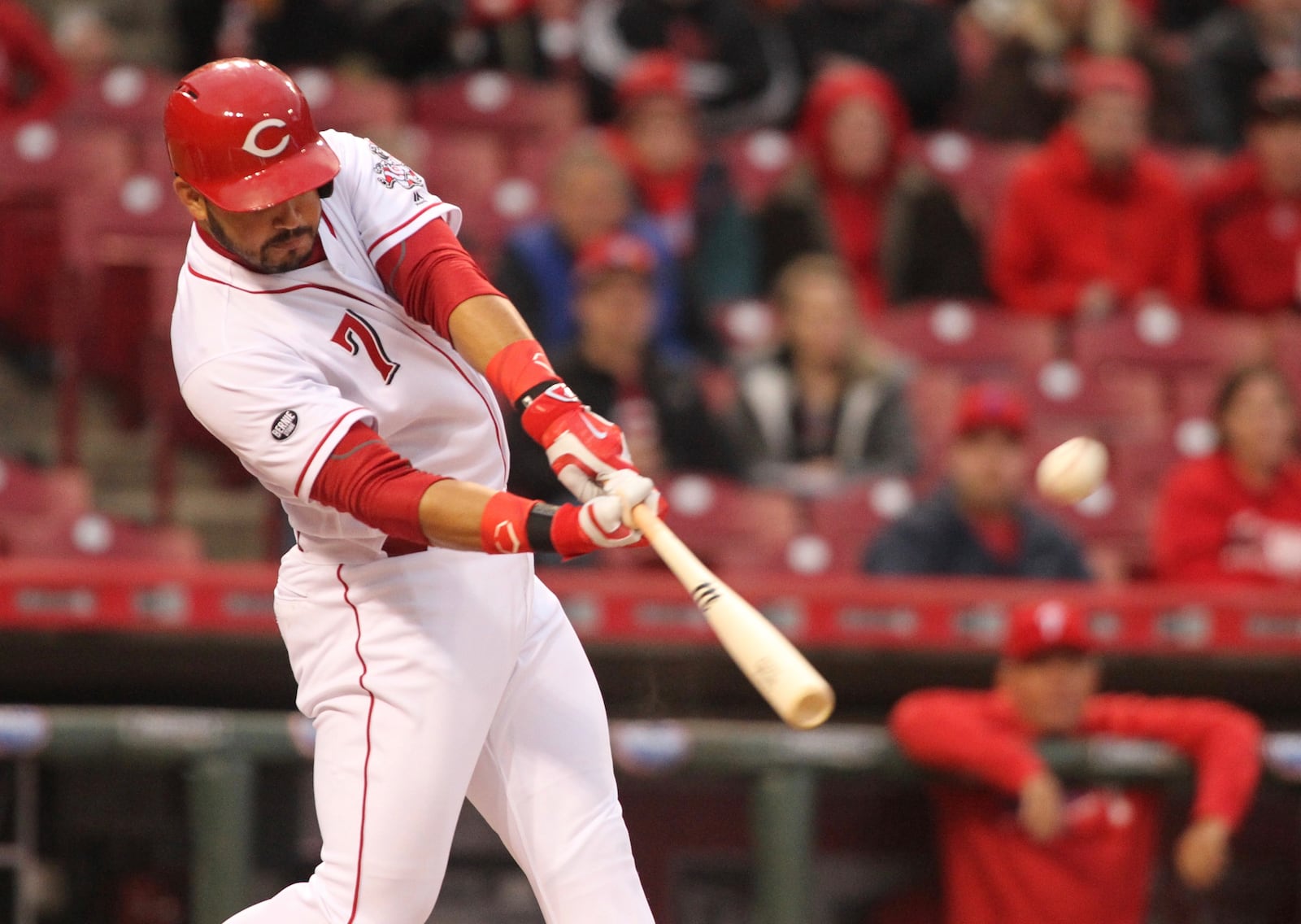 The Reds’ Eugenio Suarez hits a home run in the first inning against the Phillies on Wednesday, April 6, 2016, at Great American Ball Park in Cincinnati. David Jablonski/Staff