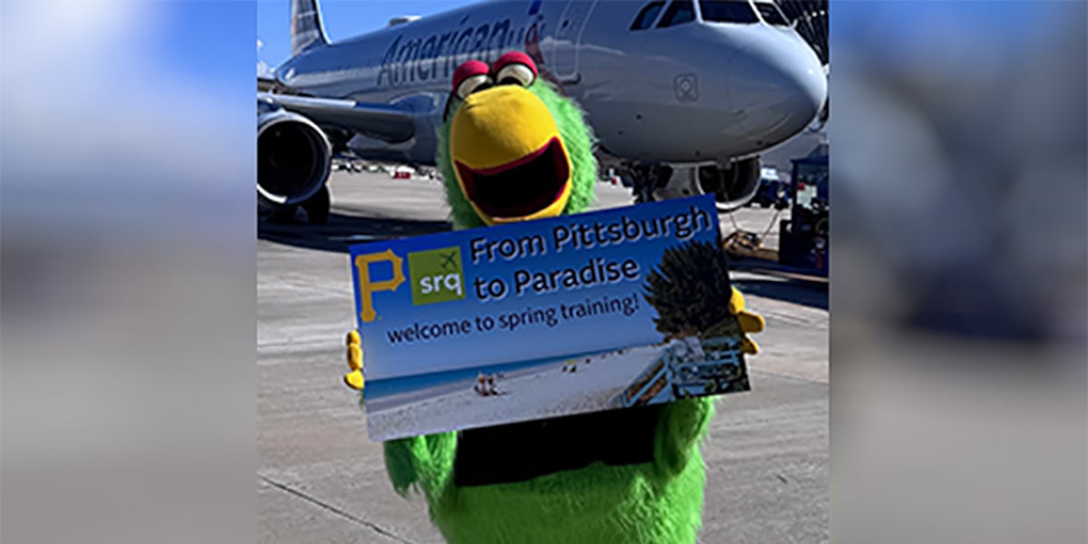 Pittsburgh Pirates mascot arrives at Sarasota airport for spring training