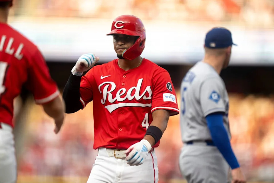 Cincinnati Reds third baseman Santiago Espinal (4) reacts to hitting a base hit in the second inning between Cincinnati Reds and Los Angeles Dodgers at Great American Ball Park in Cincinnati on July 30, 2025.
