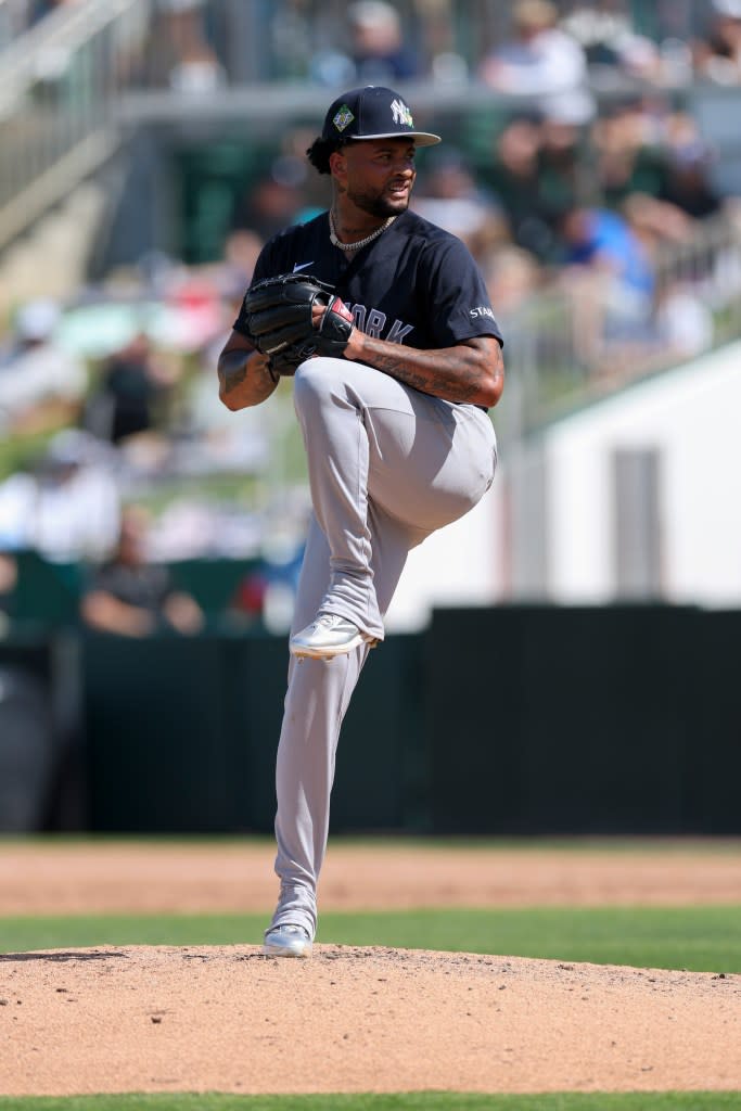 Luis Gil prepares to throw a pitch for the Yankees during his Feb. 27 Grapefruit League outing. Imagn Images