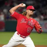 Los Angeles Angels relief pitcher Kenyan Middleton (99) delivers a pitch in the sixth inning against the Texas Rangers at Angel Stadium of Anaheim.