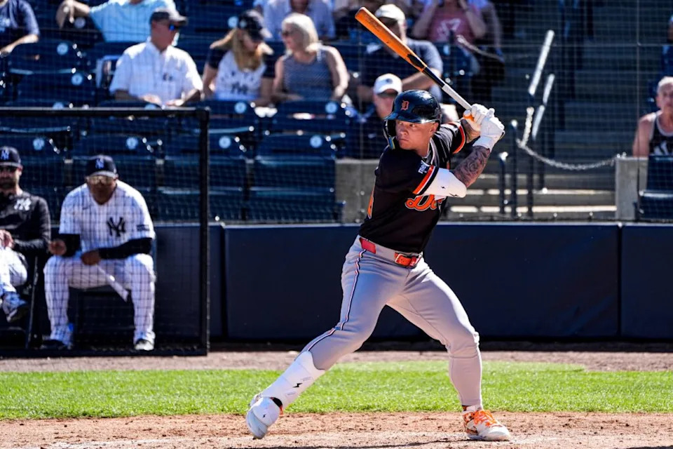 Detroit Tigers outfielder Max Clark bats against New York Yankees during the fifth inning at George M. Steinbrenner Field in Tampa, Fla. on Saturday, Feb. 21, 2026.
