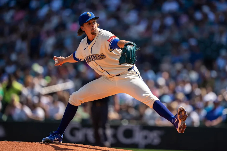 Mariners pitcher Logan Gilbert in the outgoing Sunday alternate uniforms.&nbsp;Stephen Brashear-Imagn Images