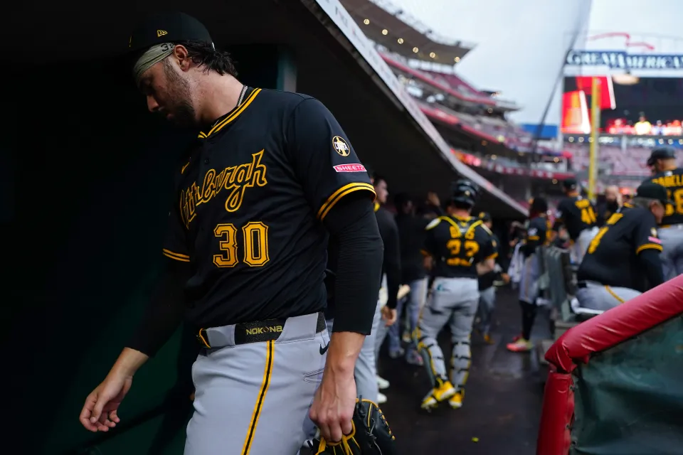 Paul Skenes #30 of the Pittsburgh Pirates walks through the dugout prior to a baseball game against the Cincinnati Reds at Great American Ball Park on September 24, 2025 in Cincinnati, Ohio.