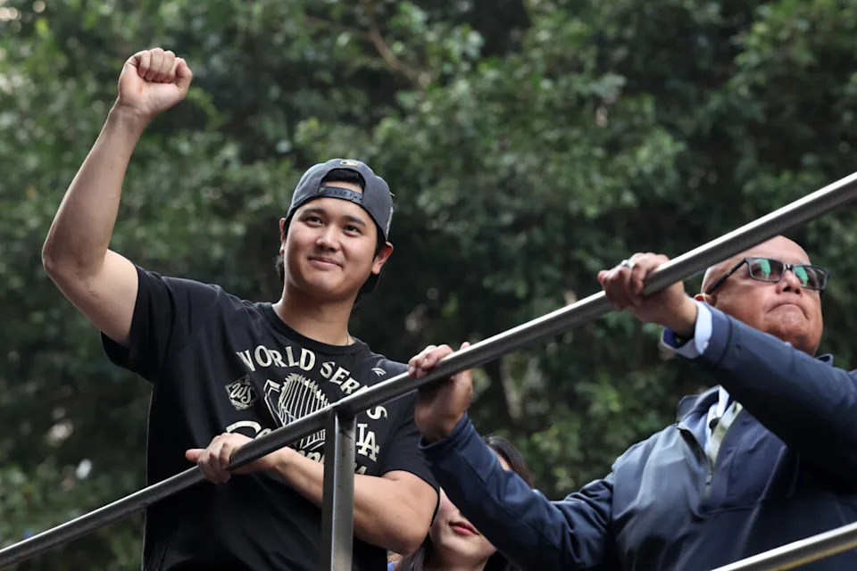 Los Angeles Dodgers two-way player Shohei Ohtani celebrates the Dodgers' 2025 World Series win.