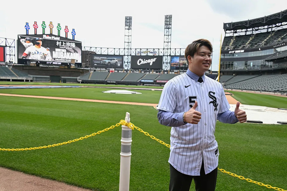 <p>Dec 22, 2025; Chicago, Il, USA; New Chicago White Sox player Munetaka Murakami gives a thumbs up on the field after a press conference where he was introduced at Rate Field. Mandatory Credit: Matt Marton-Imagn Images</p>