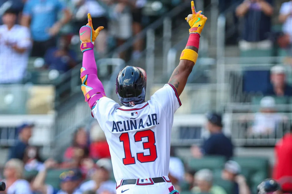 Sep 28, 2025; Cumberland, Georgia, USA; Atlanta Braves outfielder Ronald Acuna Jr. (13) celebrates after hitting a home run against the Pittsburgh Pirates during the first inning at Truist Park. Mandatory Credit: Jordan Godfree-Imagn Images