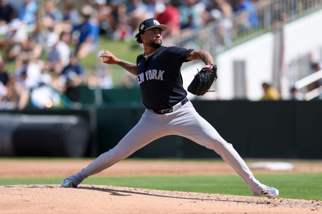 Luis Gil delivers a pitch during the Yankees’ 17-5 blowout over the Twins in a Feb. 27, 2026 Grapefruit League game. Imagn Images