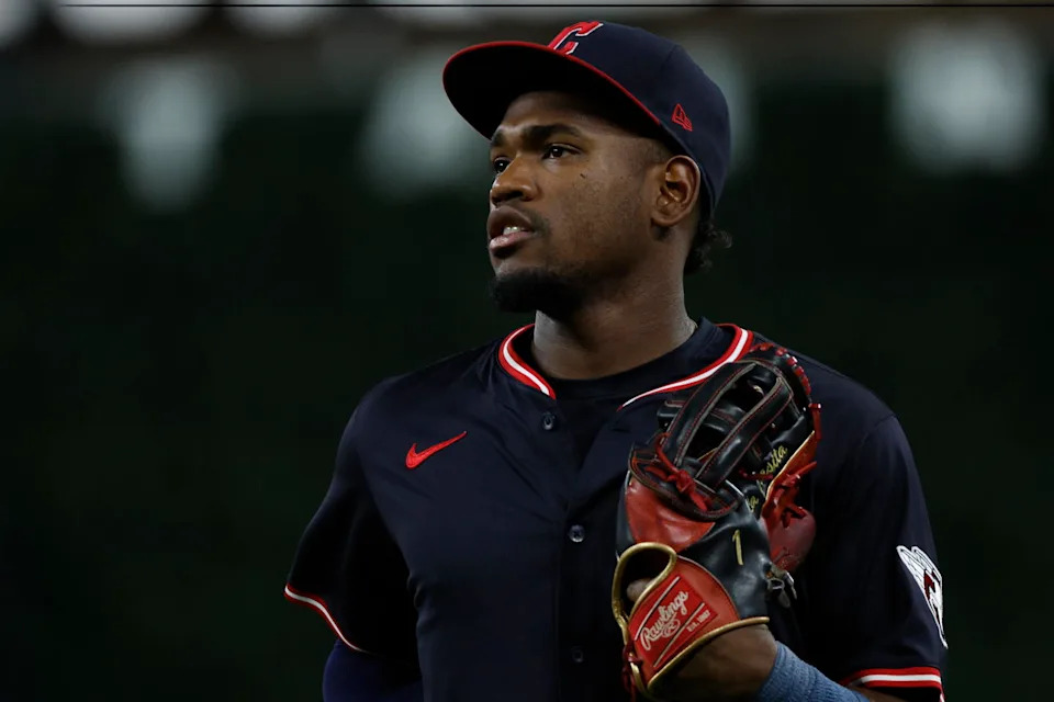 Sep 17, 2025; Detroit, Michigan, USA; Cleveland Guardians center fielder Angel Martinez (1) looks on during the seventh inning against the Detroit Tigers at Comerica Park. Mandatory Credit: Brian Bradshaw Sevald-Imagn Images