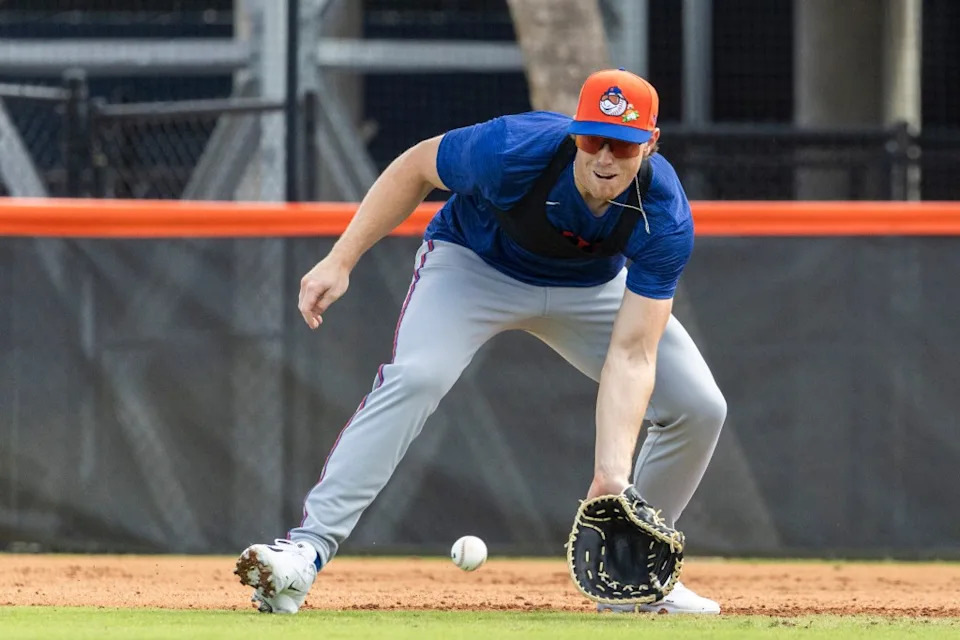 New York Mets Third Baseman Brett Baty fields grounders at first base during Spring Training at Clover Field, Sunday, Feb. 15, 2026, in Port St. Lucie, FL. Corey Sipkin for the NY POST
