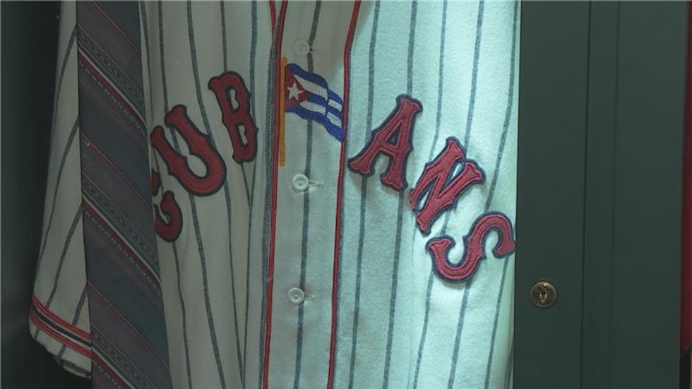 A New York Cubans jersey belonging to one of Ron Teasley’s teammates is on display at the...