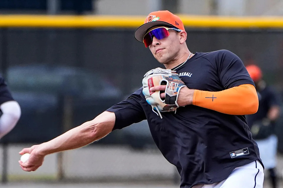 Detroit Tigers outfielder Trei Cruz practices during spring training at TigerTown in Lakeland, Fla. on Monday, Feb. 16, 2026.