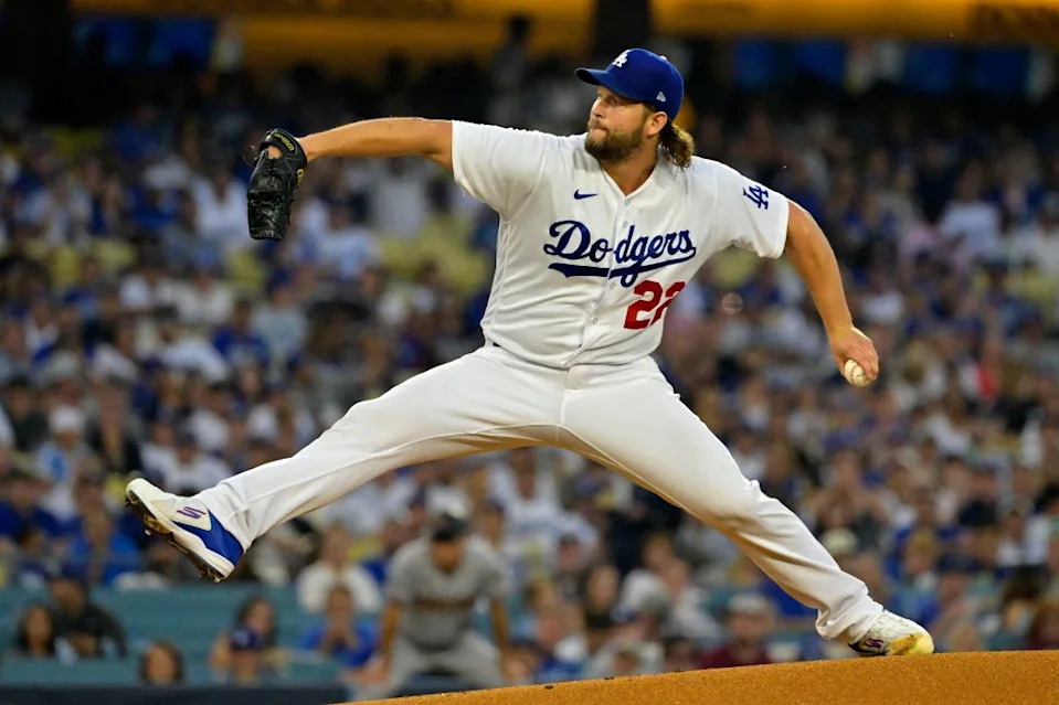 Oct 7, 2023; Los Angeles, California, USA; Los Angeles Dodgers starting pitcher Clayton Kershaw (22) throws a pitch in the first inning for game one of the NLDS for the 2023 MLB playoffs at Dodger Stadium. Mandatory Credit: Jayne Kamin-Oncea-USA TODAY Sports USA TODAY Sports via Reuters Con