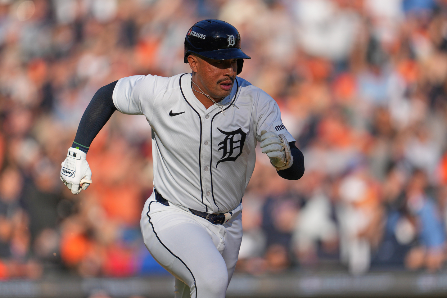 Detroit Tigers' Jahmai Jones runs after hitting an RBI double during the fifth inning in Game 4 of baseball's American League Division Series against the Seattle Mariners in Detroit on Oct. 8, 2025. [AP/YONHAP]