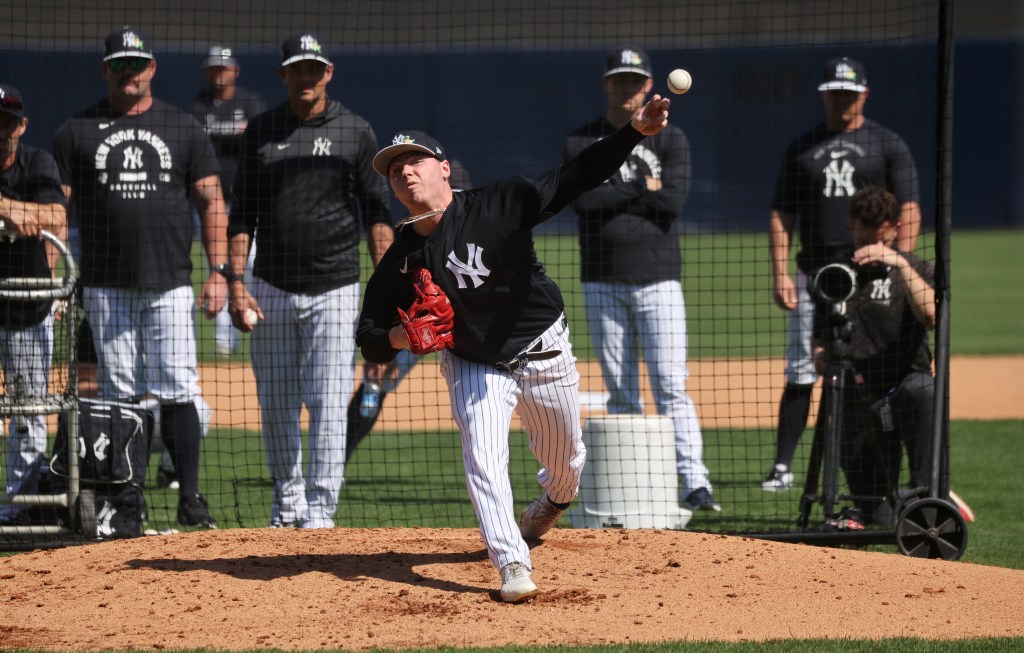 New York Yankees pitcher Ryan Weathers #40 pitching live batting practice at Steinbrenner Field.