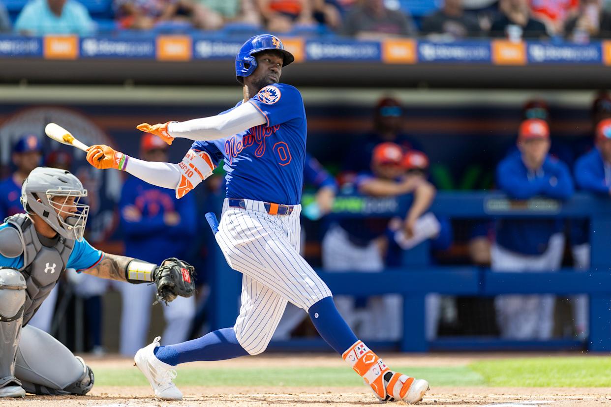 New York Mets' Ronny Mauricio bats during spring training against the Miami Marlins.