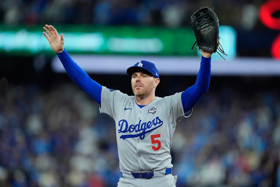 Los Angeles Dodgers first baseman Freddie Freeman (5) reacts after the catch by center fielder Andy Pages (not pictured) in the ninth inning against the Toronto Blue Jays during game seven of the 2025 MLB World Series at Rogers Centre.
