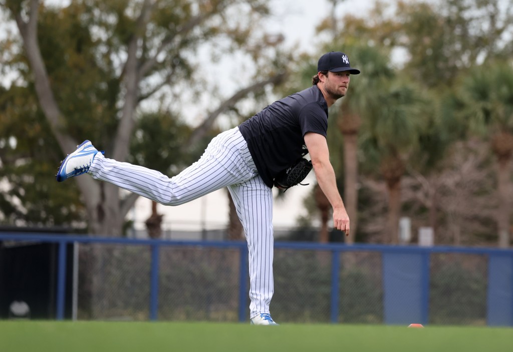 Gerrit Cole pitching during spring training at Steinbrenner Field.