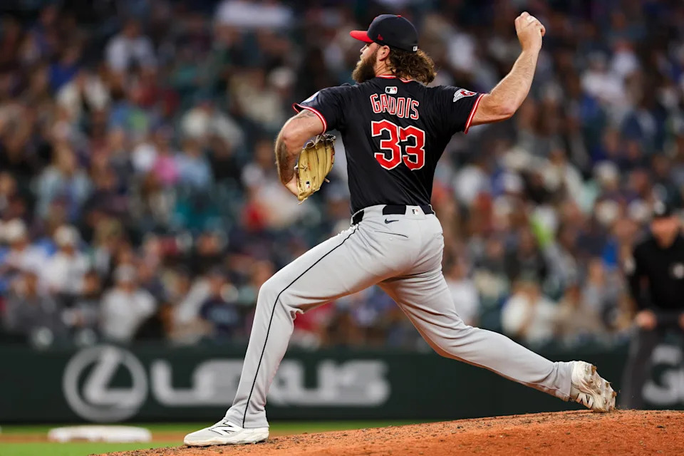 Jun 14, 2025; Seattle, Washington, USA; Cleveland Guardians relief pitcher Hunter Gaddis (33) pitches the ball against the the Seattle Mariners during the sixth inning at T-Mobile Park. Mandatory Credit: Kevin Ng-Imagn Images