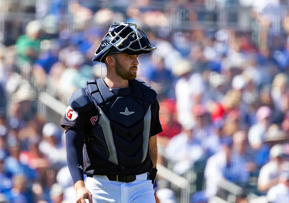 Mar 11, 2024; Goodyear, Arizona, USA; Cleveland Guardians catcher David Fry against the Los Angeles Dodgers during a spring training game at Goodyear Ballpark. Mandatory Credit: Mark J. Rebilas-USA TODAY Sports
