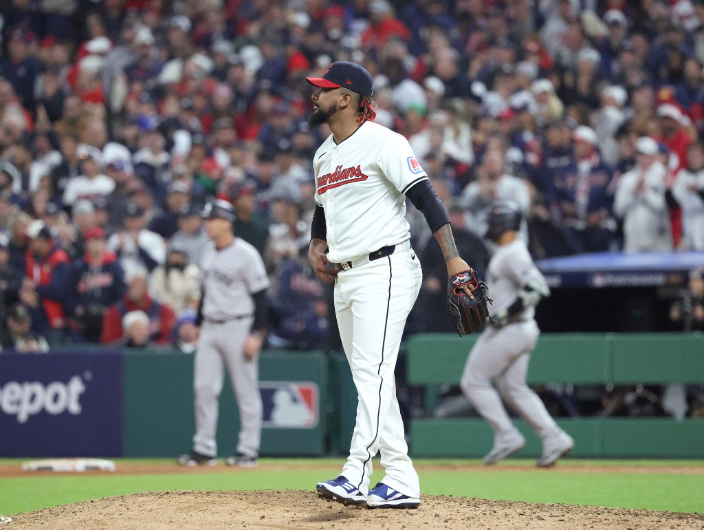 Cleveland Guardians pitcher Emmanuel Clase reacts after Gleyber Torres of the New York Yankees hits an RBI single during the 9th inning.