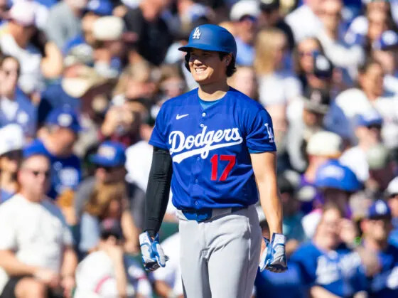 Feb 21, 2026; Tempe, Arizona, USA; Los Angeles Dodgers designated hitter Shohei Ohtani against the Los Angeles Angels during a spring training game at Tempe Diablo Stadium. Mandatory Credit: Mark J. Rebilas-Imagn Images