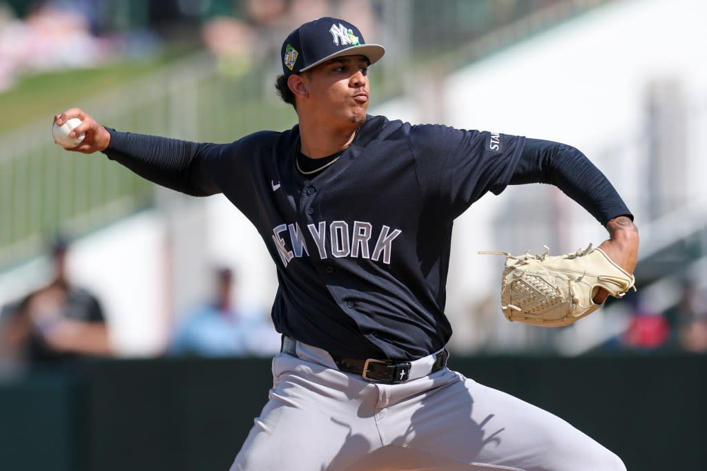 Carlos Lagrange throws a pitch during the Yankees’ Grapefruit League game Feb. 27. Imagn Images